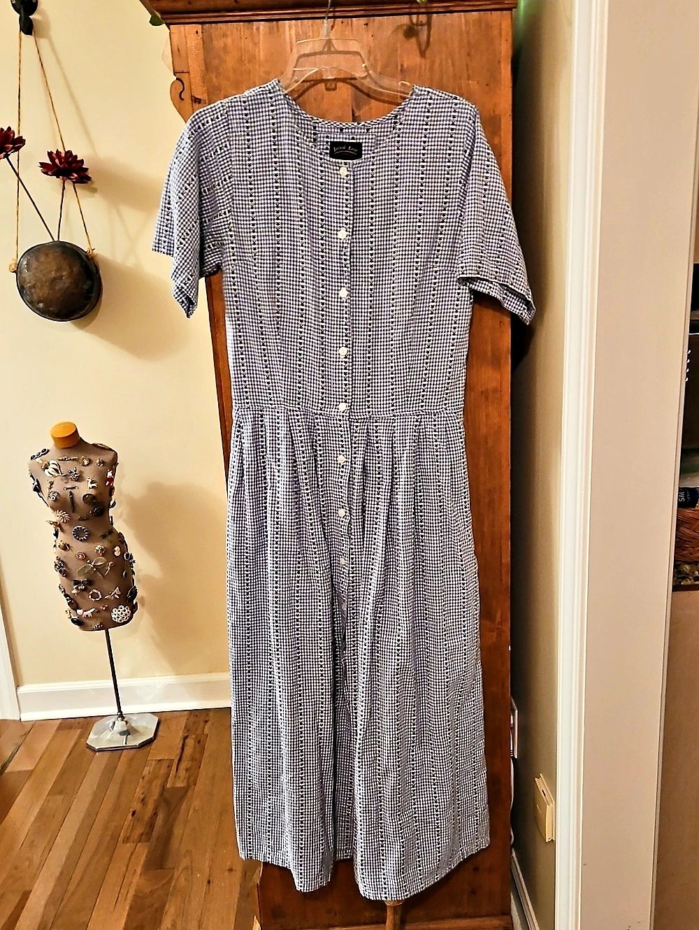 Vintage 80s Jessi Lee Gingham Maxi Dress Blue & White Size Large